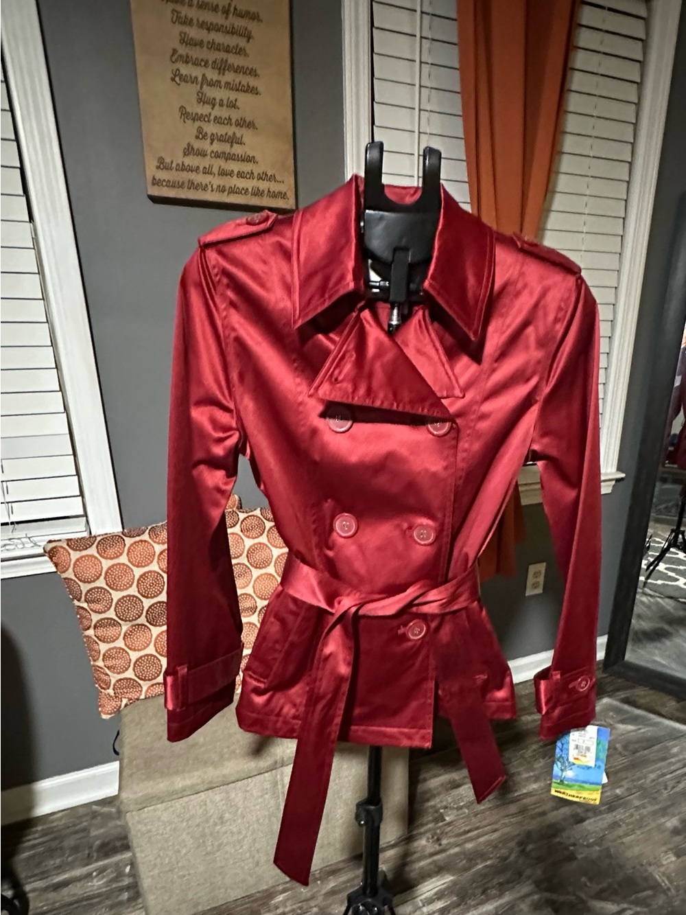 Weatherproof Red Satin Double-Breasted Trench with Belt